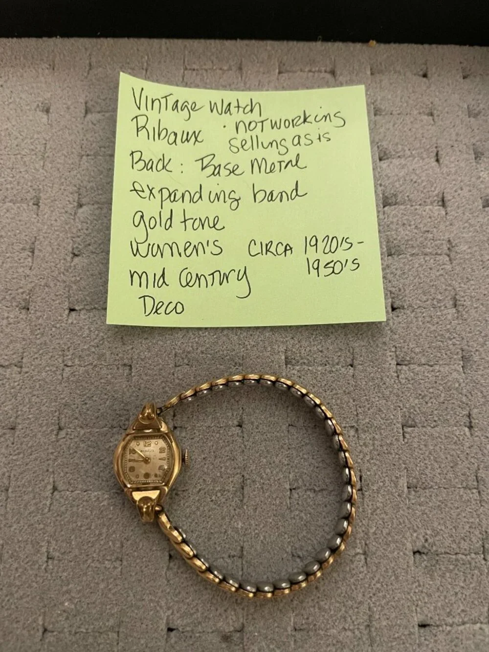 Vintage Gold Watch Ribaux Deco Mid Century Goldtone Base Metal Not Working